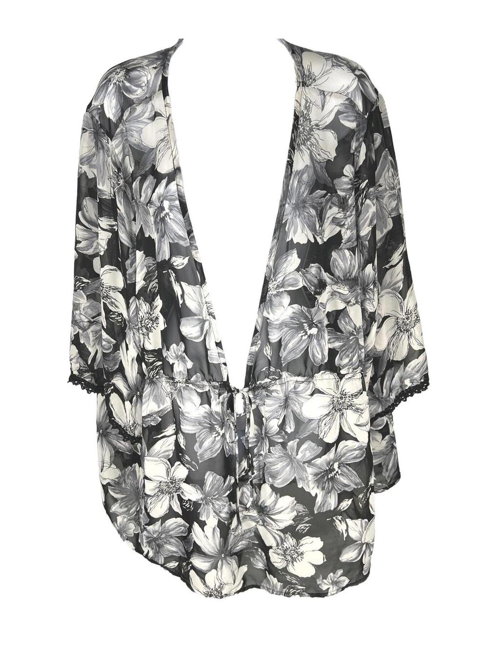 Torrid Sheer Monochrome Floral Tie Front Kimono Beach Cover Up Women’s 3